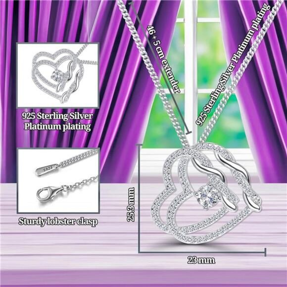 Platinum Plated Sterling Silver Heart Necklace Gift for Women Mom Necklace - Picture 3 of 7
